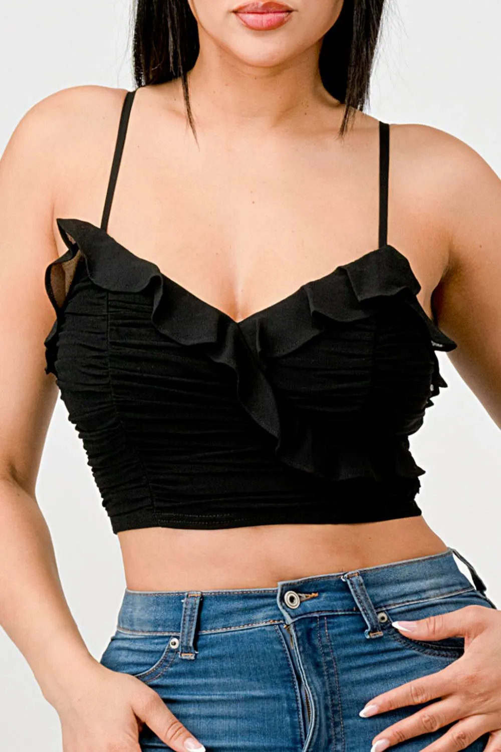 MESH RUCHED SWEETHEART CHIFFON RUFFLED CROPPED TOP