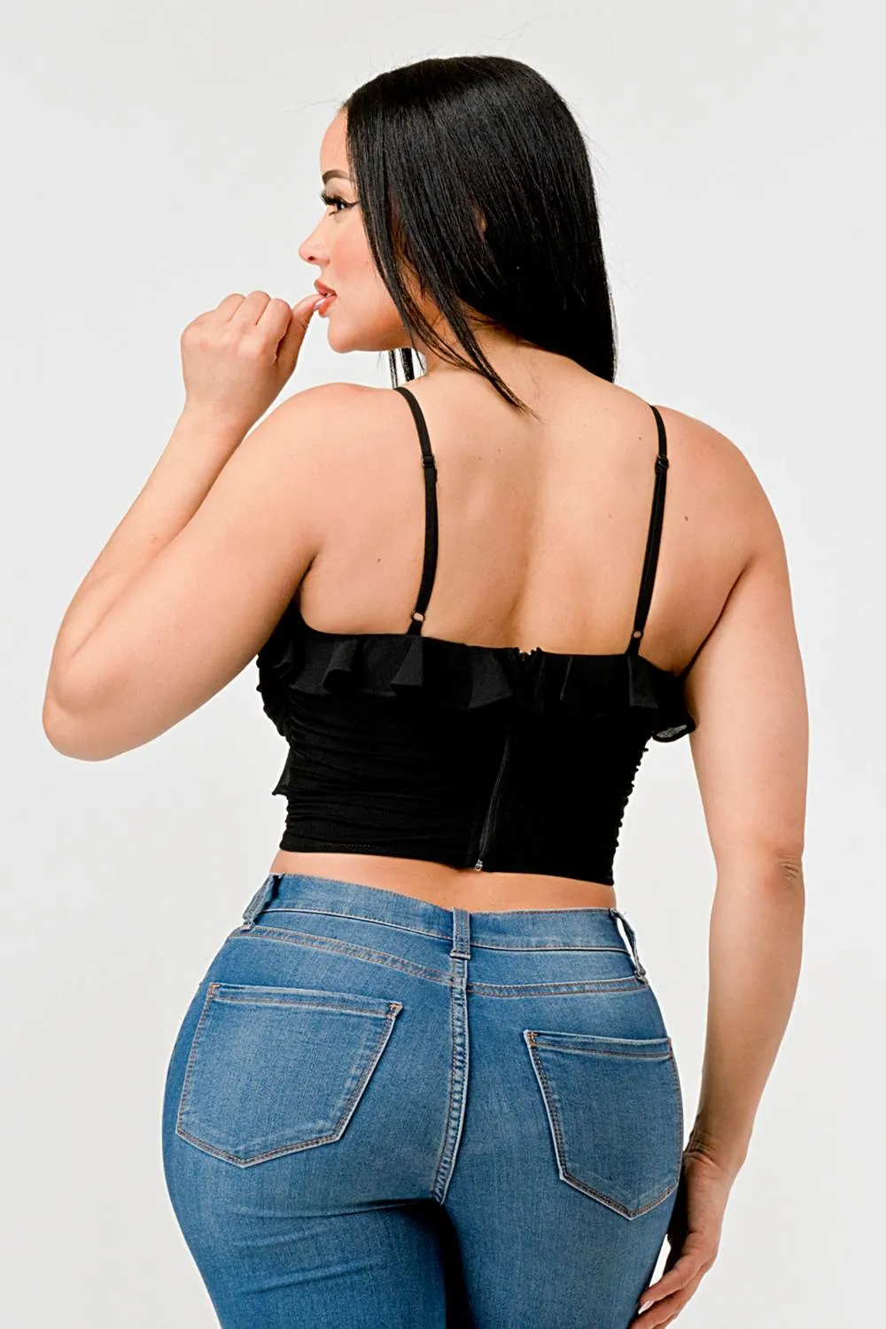 MESH RUCHED SWEETHEART CHIFFON RUFFLED CROPPED TOP