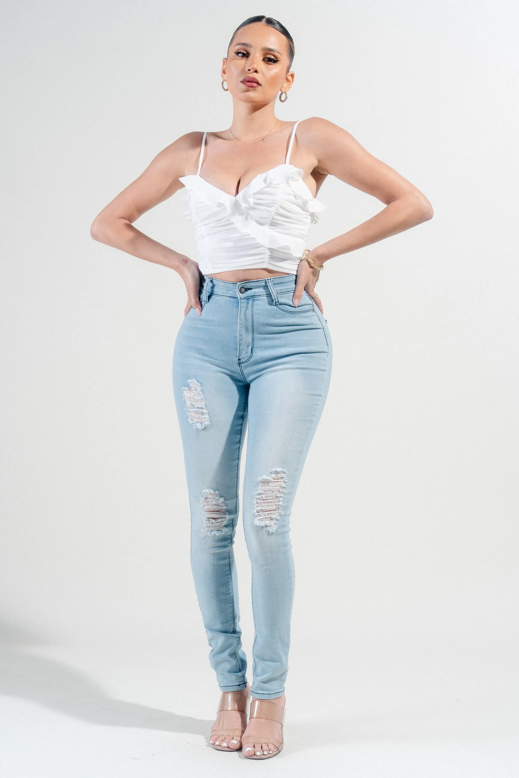 MESH RUCHED SWEETHEART CHIFFON RUFFLED CROPPED TOP