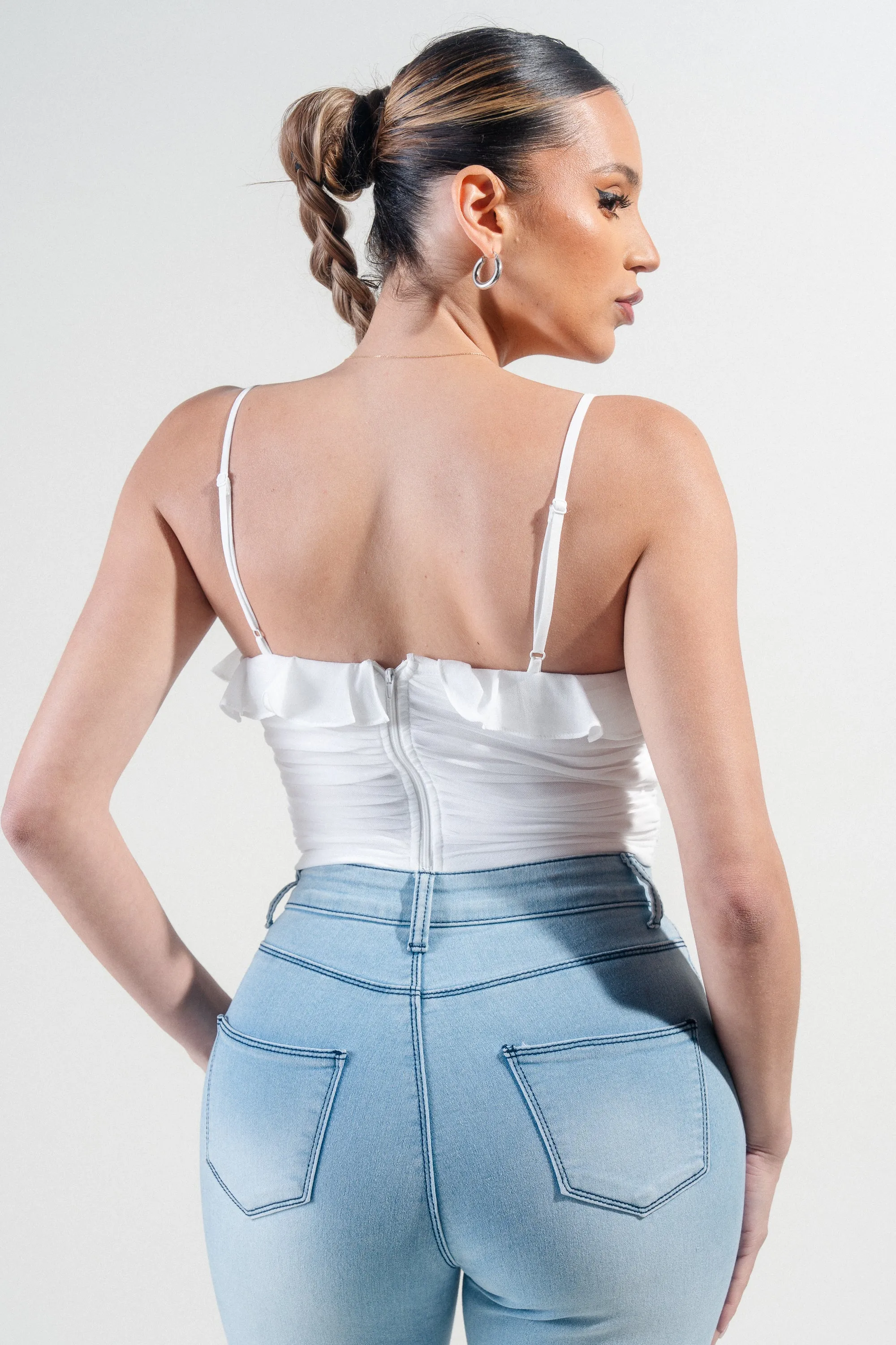 MESH RUCHED SWEETHEART CHIFFON RUFFLED CROPPED TOP