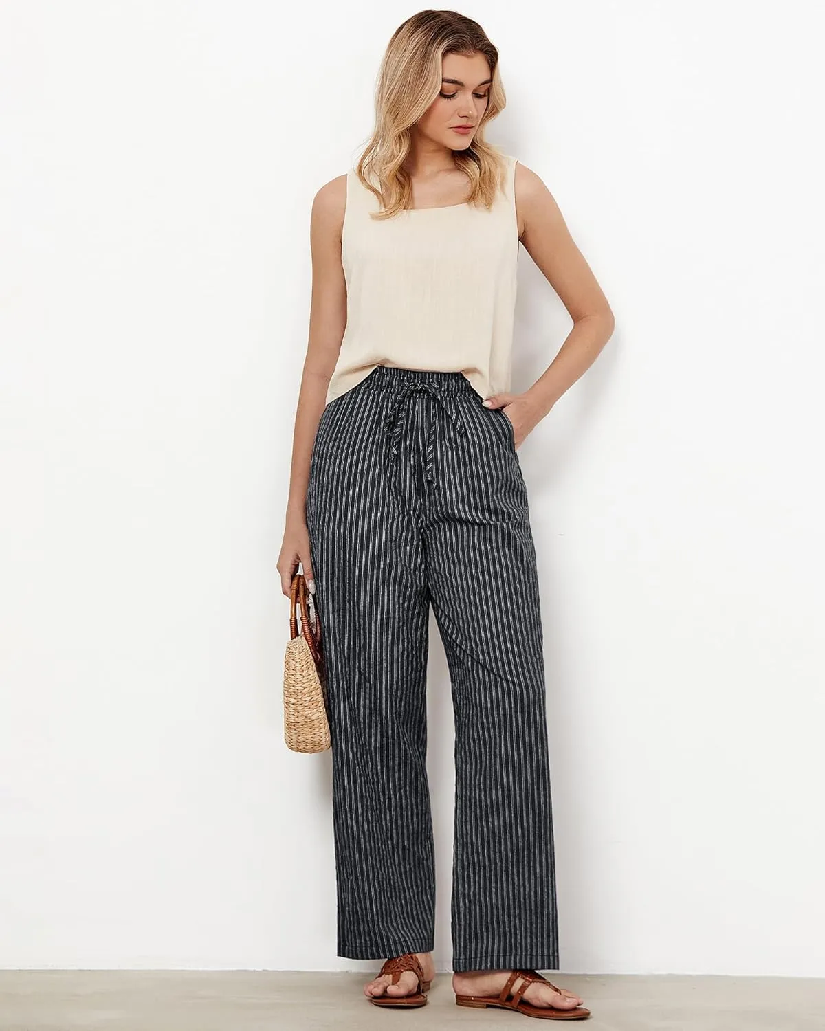 MINTLIMIT Women Striped Linen Pants Drawstring Casual Wide Leg Elastic Waist Trousers Loose Summer Lounge Pants with Pockets