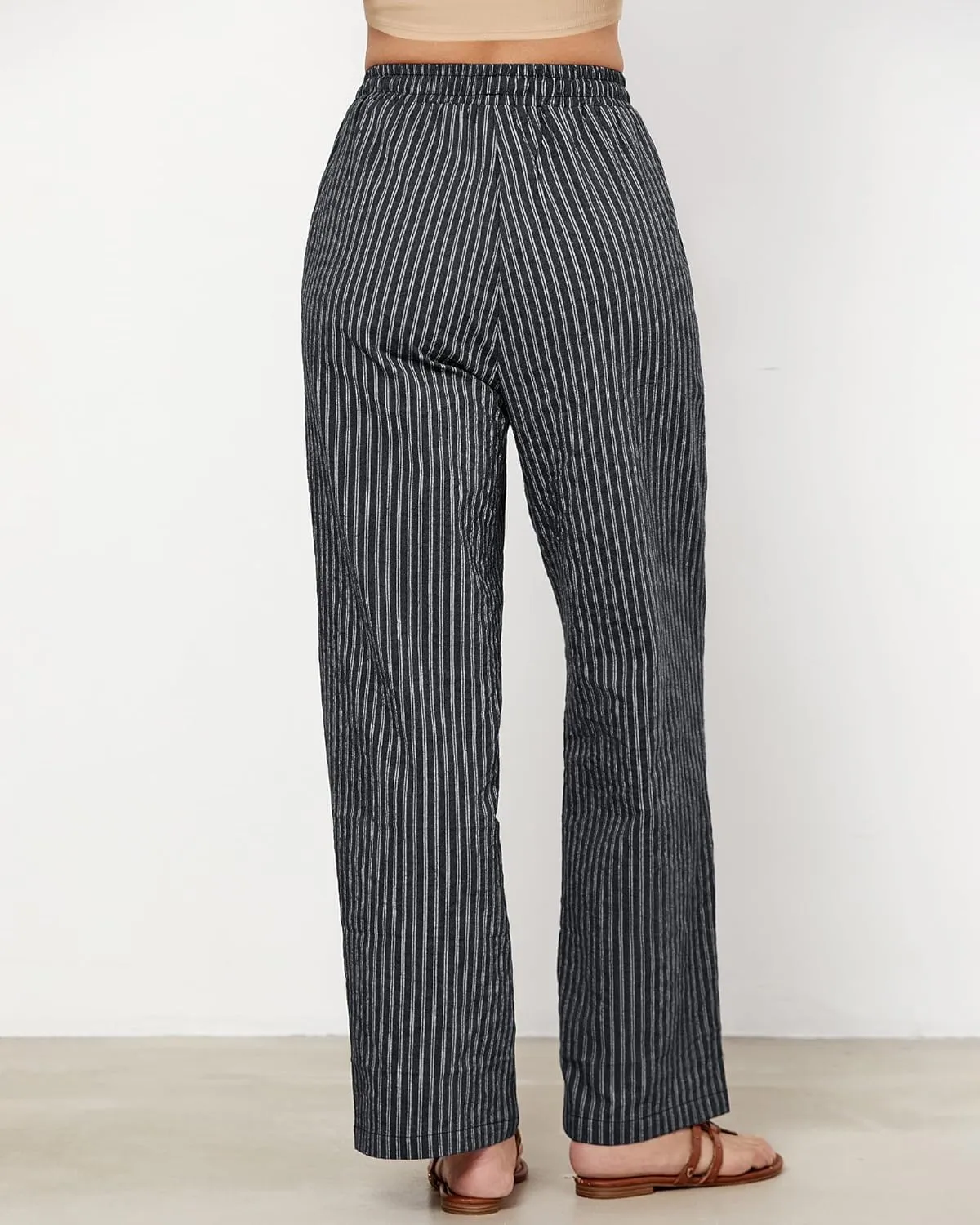 MINTLIMIT Women Striped Linen Pants Drawstring Casual Wide Leg Elastic Waist Trousers Loose Summer Lounge Pants with Pockets