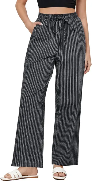 MINTLIMIT Women Striped Linen Pants Drawstring Casual Wide Leg Elastic Waist Trousers Loose Summer Lounge Pants with Pockets MINTLIMIT Women Striped Linen Pants Drawstring Casual Wide Leg Elastic Waist Trousers Loose Summer Lounge Pants with Pockets