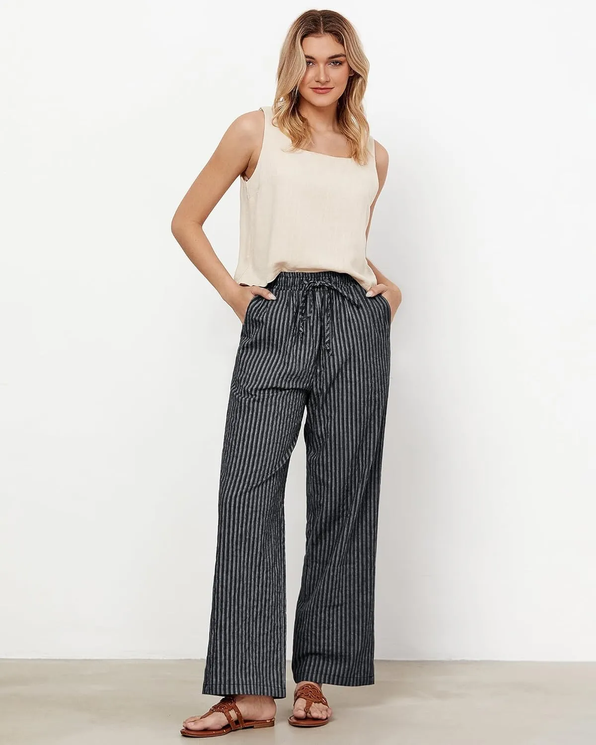 MINTLIMIT Women Striped Linen Pants Drawstring Casual Wide Leg Elastic Waist Trousers Loose Summer Lounge Pants with Pockets