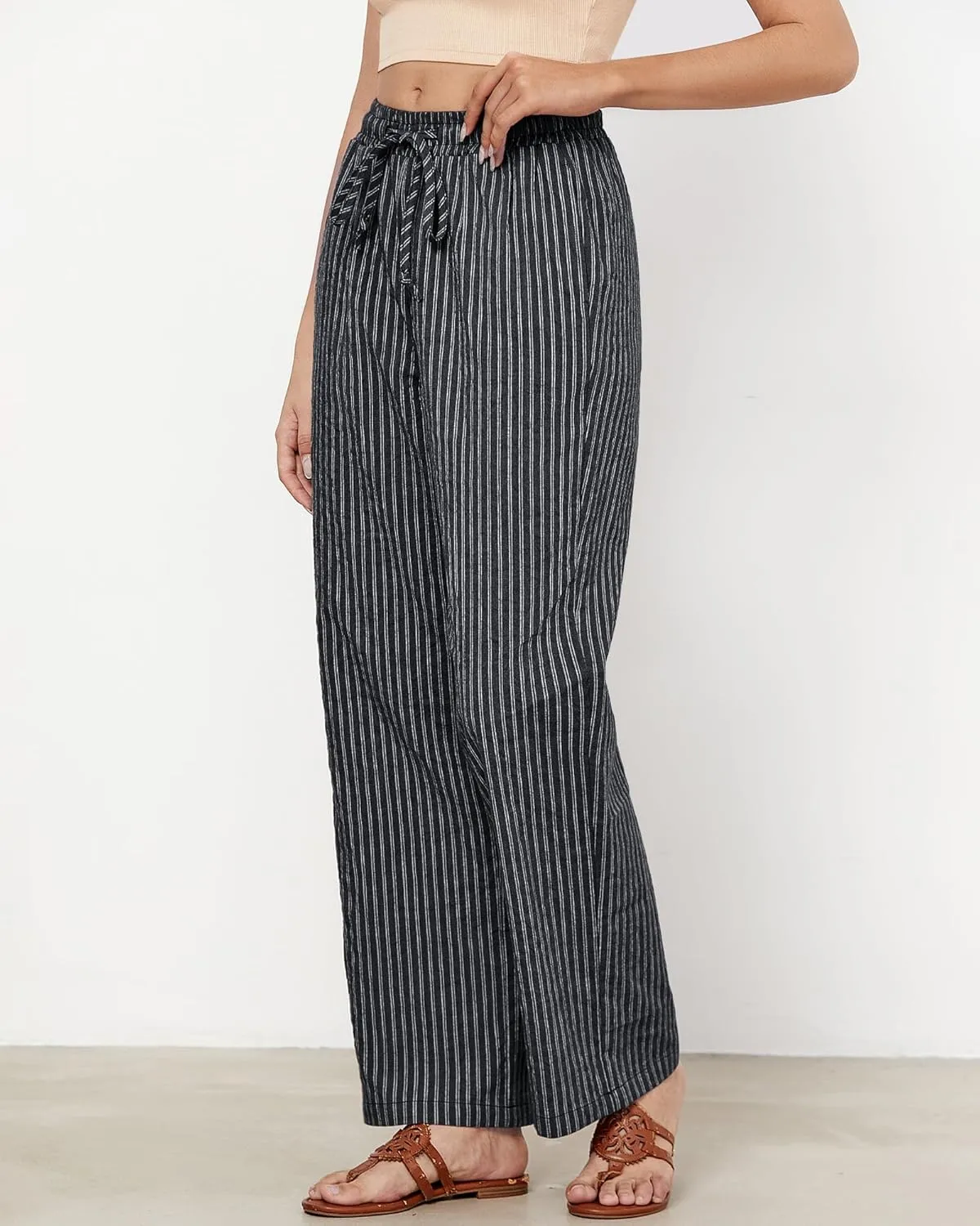 MINTLIMIT Women Striped Linen Pants Drawstring Casual Wide Leg Elastic Waist Trousers Loose Summer Lounge Pants with Pockets