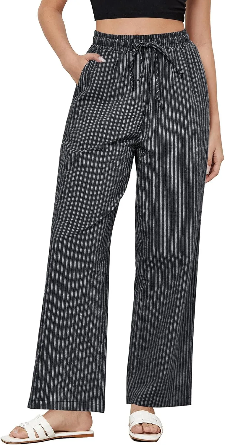 MINTLIMIT Women Striped Linen Pants Drawstring Casual Wide Leg Elastic Waist Trousers Loose Summer Lounge Pants with Pockets