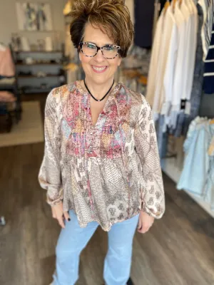 Mix Print Peasant Blouse