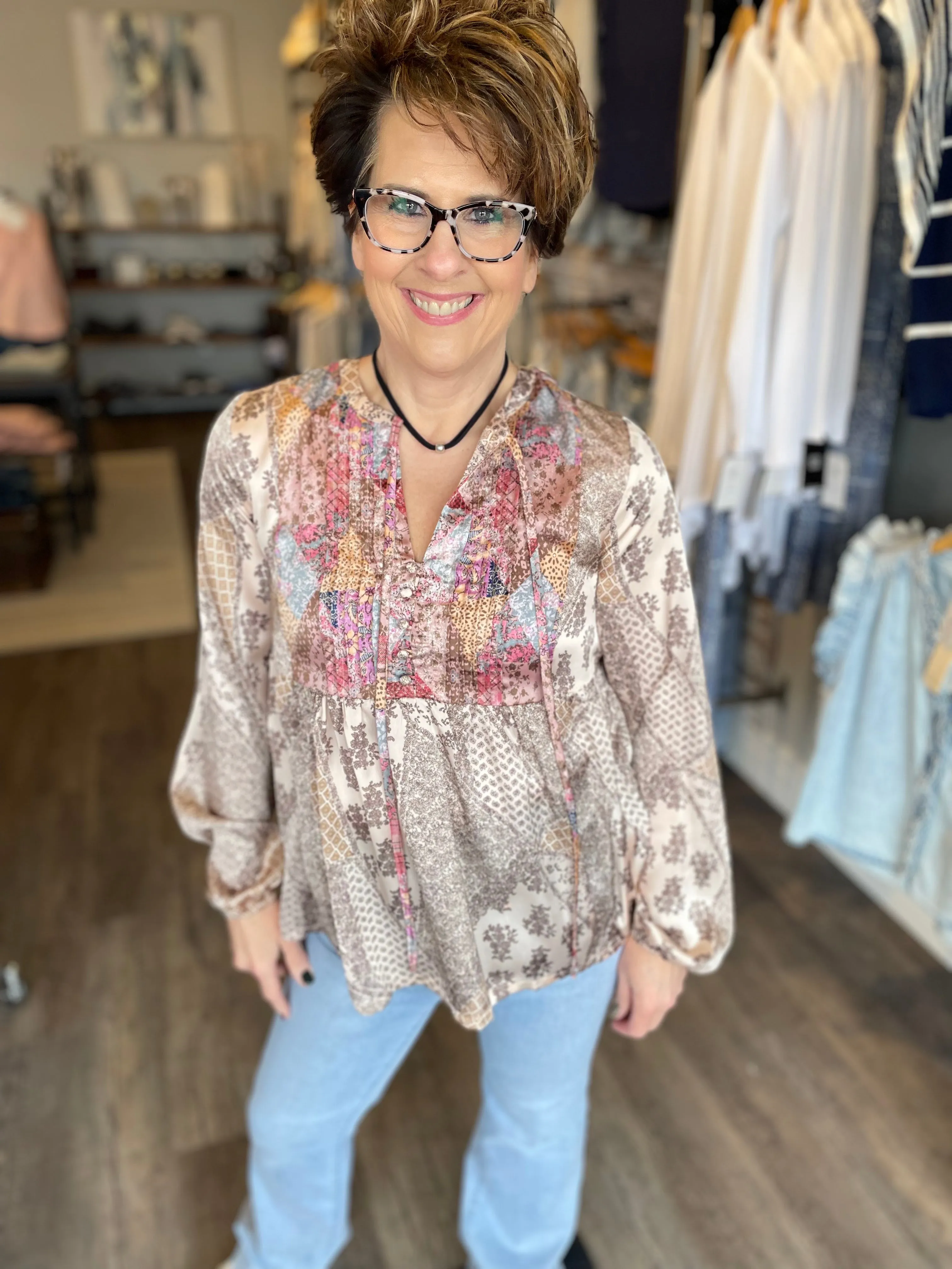 Mix Print Peasant Blouse