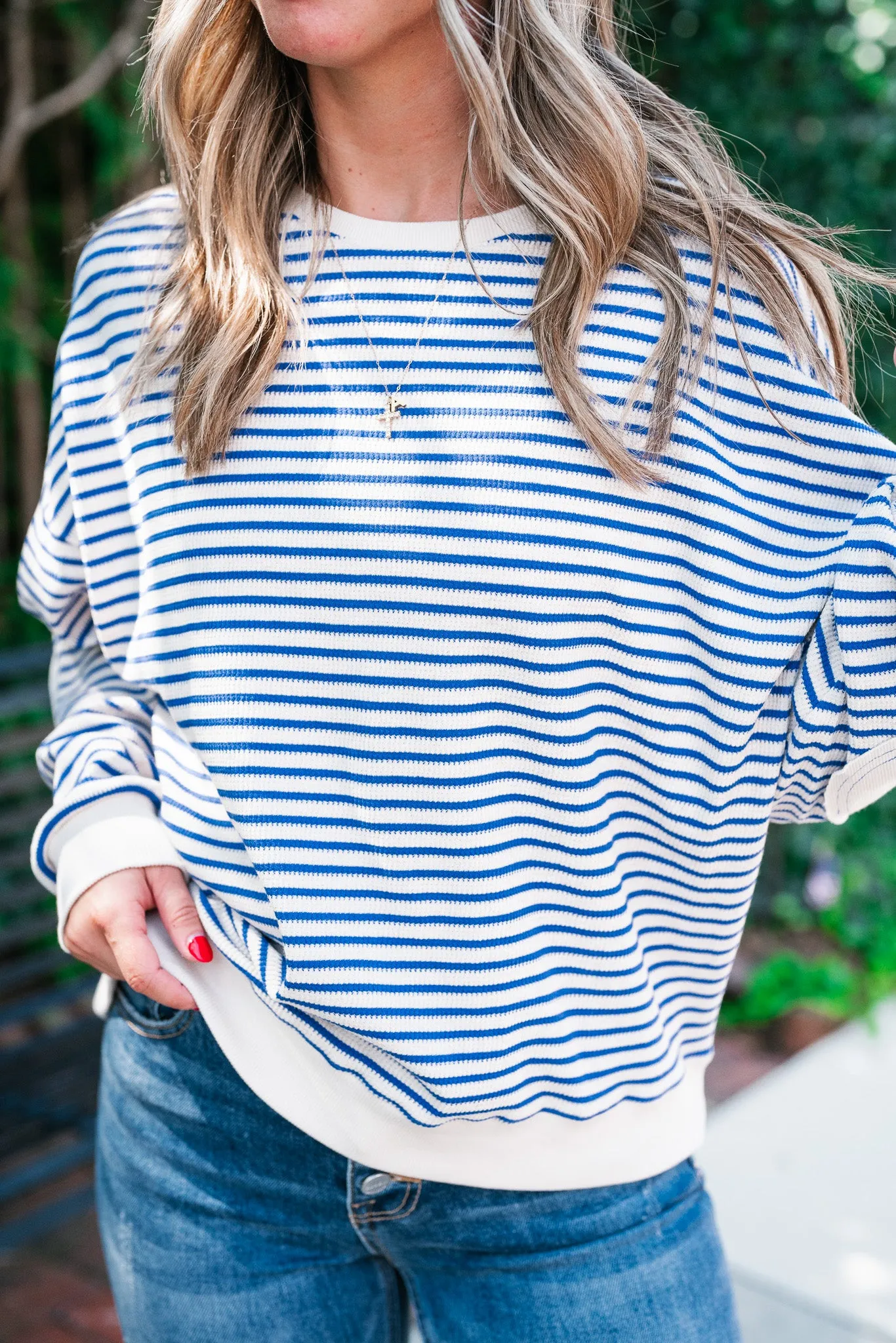 Monday Morning Waffle Knit Striped Long Sleeve Top - Royal Blue