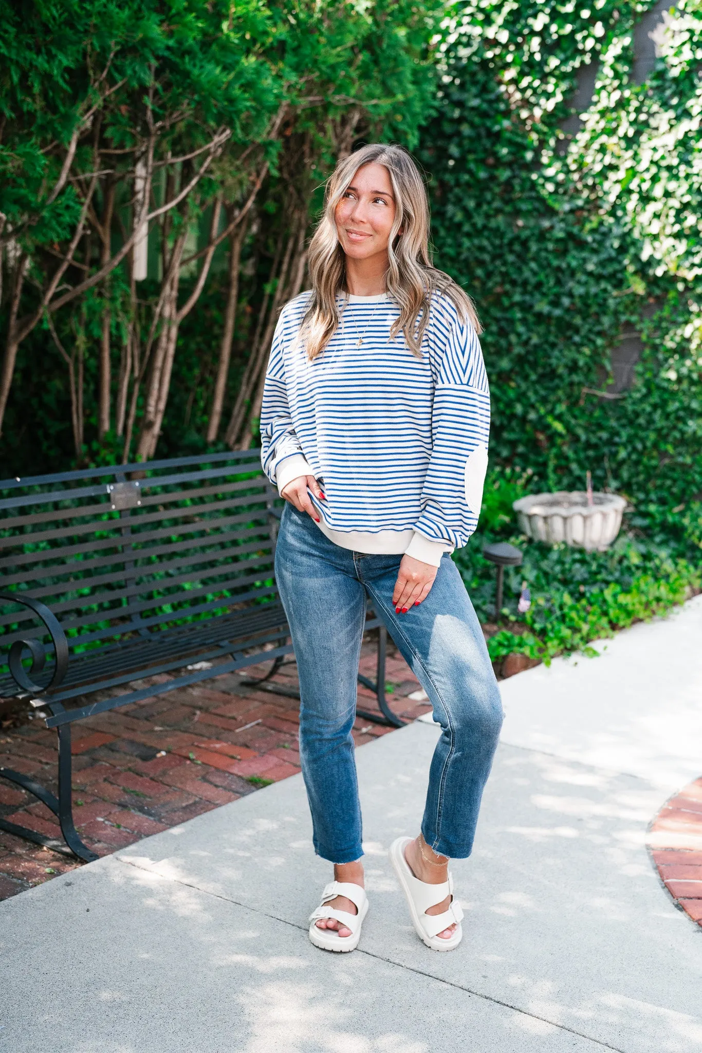 Monday Morning Waffle Knit Striped Long Sleeve Top - Royal Blue