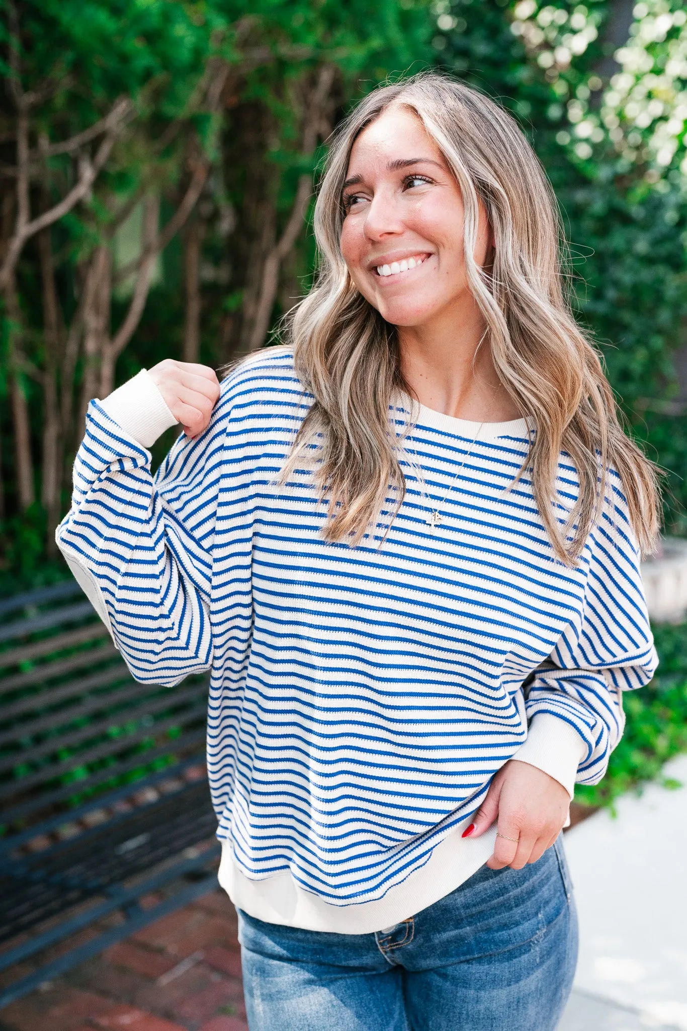 Monday Morning Waffle Knit Striped Long Sleeve Top - Royal Blue