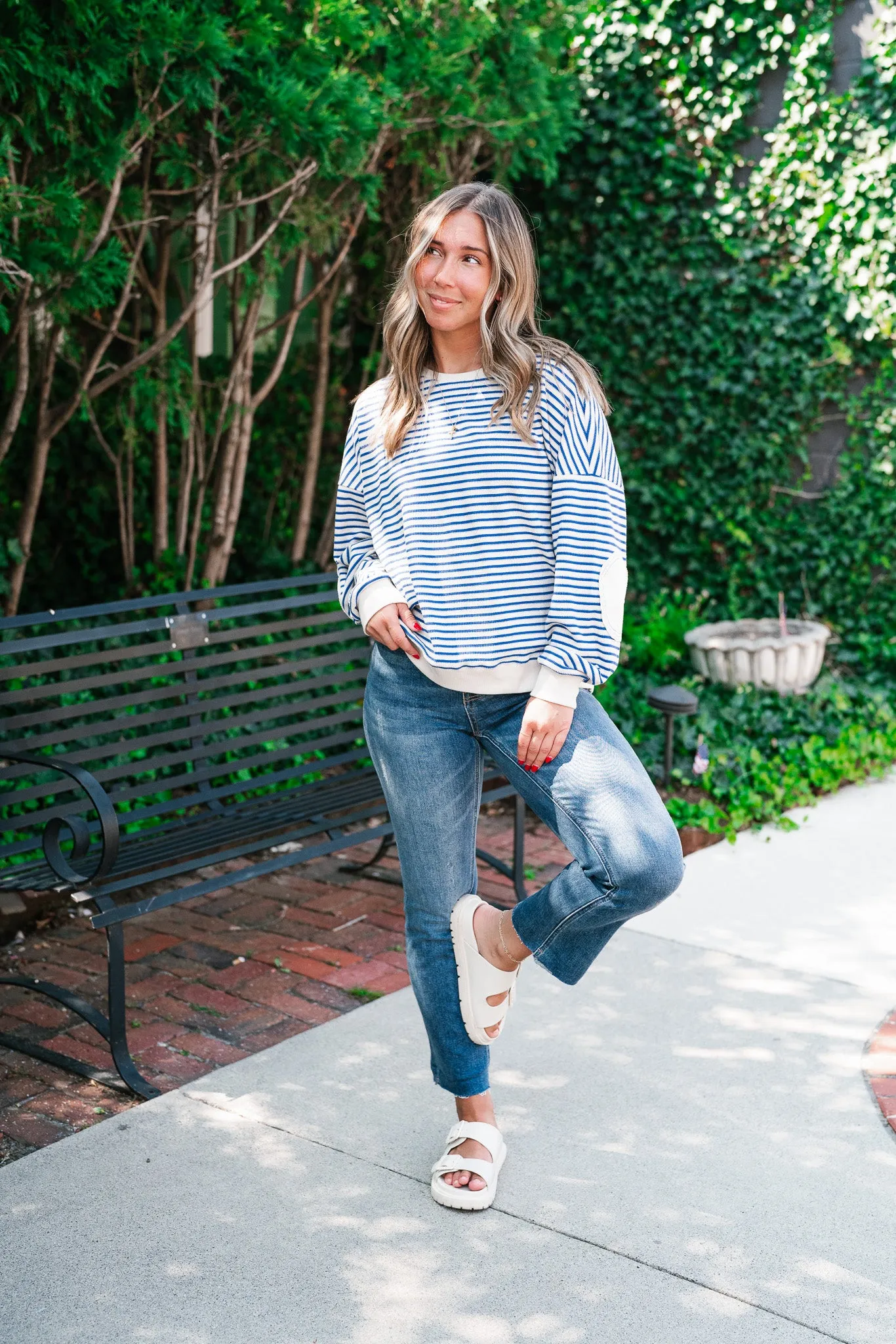 Monday Morning Waffle Knit Striped Long Sleeve Top - Royal Blue