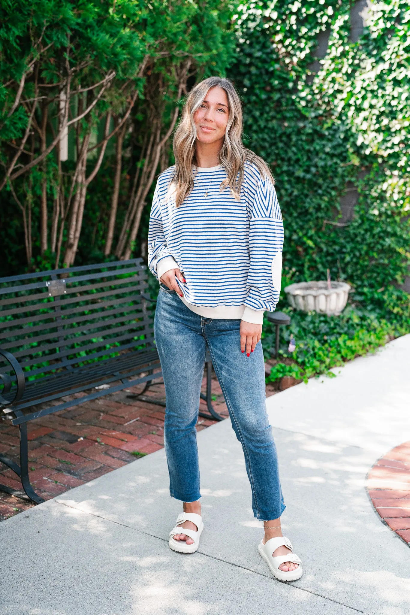 Monday Morning Waffle Knit Striped Long Sleeve Top - Royal Blue