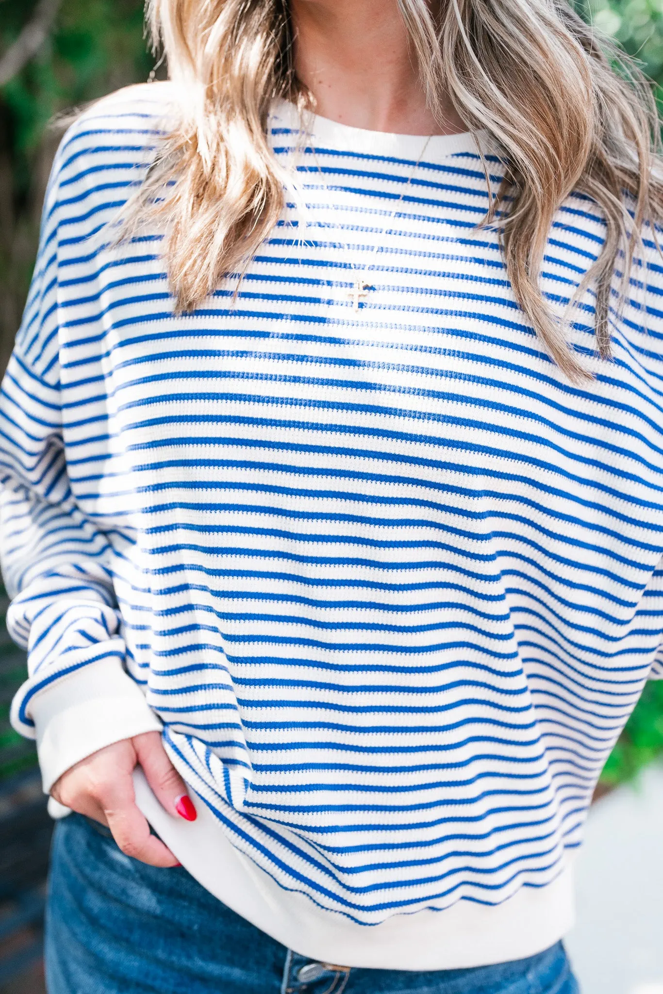 Monday Morning Waffle Knit Striped Long Sleeve Top - Royal Blue