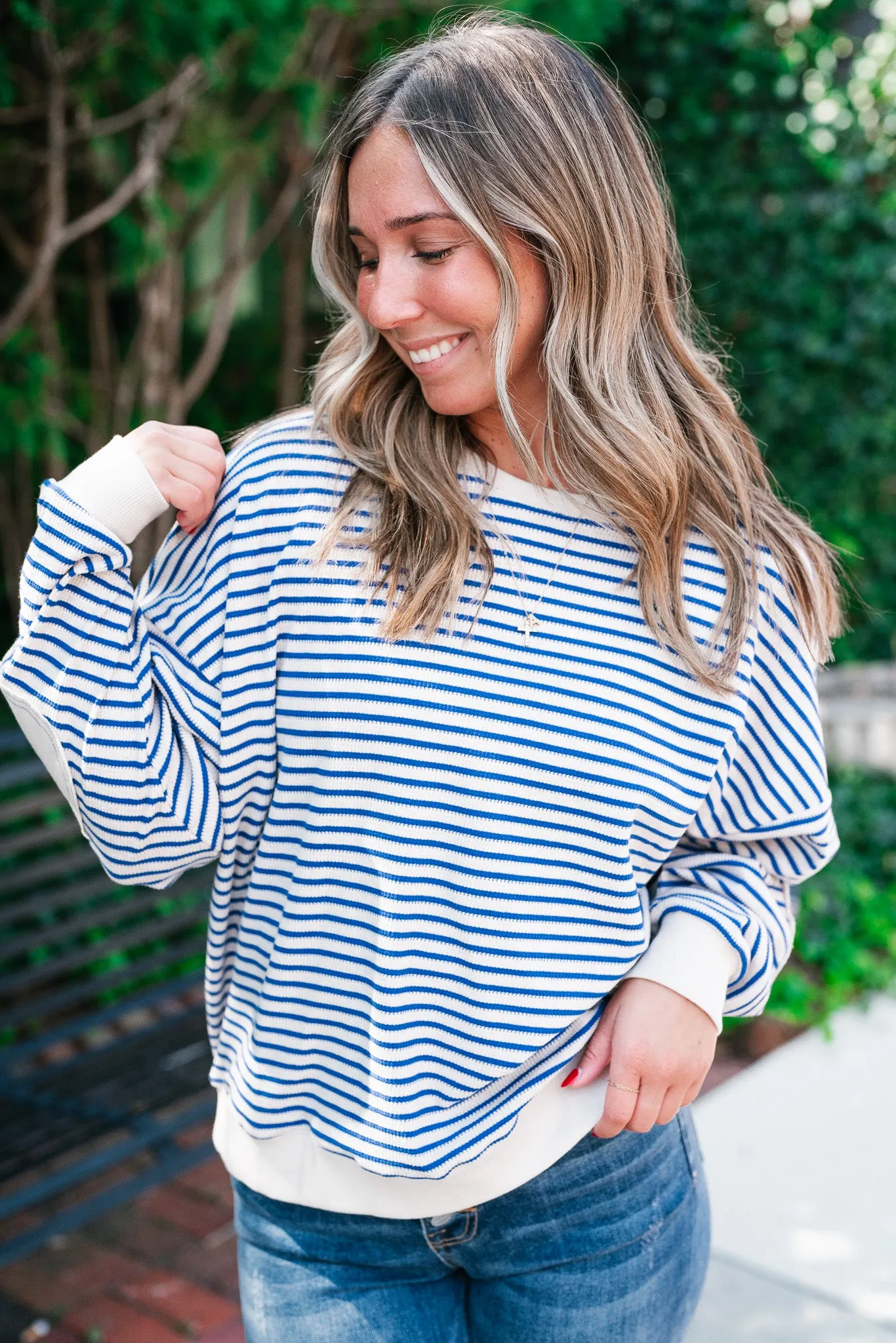 Monday Morning Waffle Knit Striped Long Sleeve Top - Royal Blue