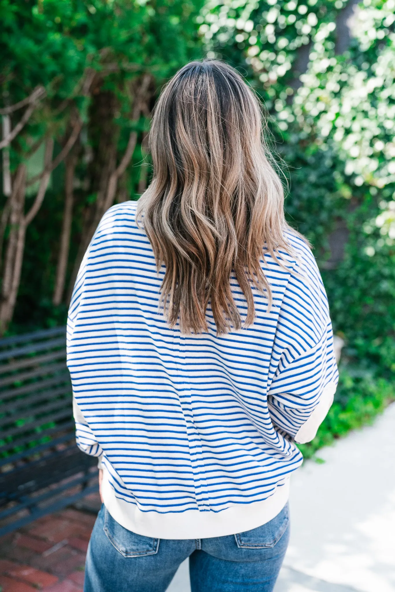 Monday Morning Waffle Knit Striped Long Sleeve Top - Royal Blue