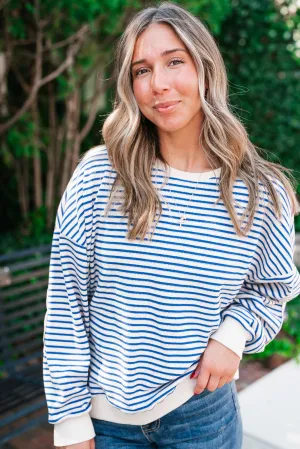 Monday Morning Waffle Knit Striped Long Sleeve Top - Royal Blue