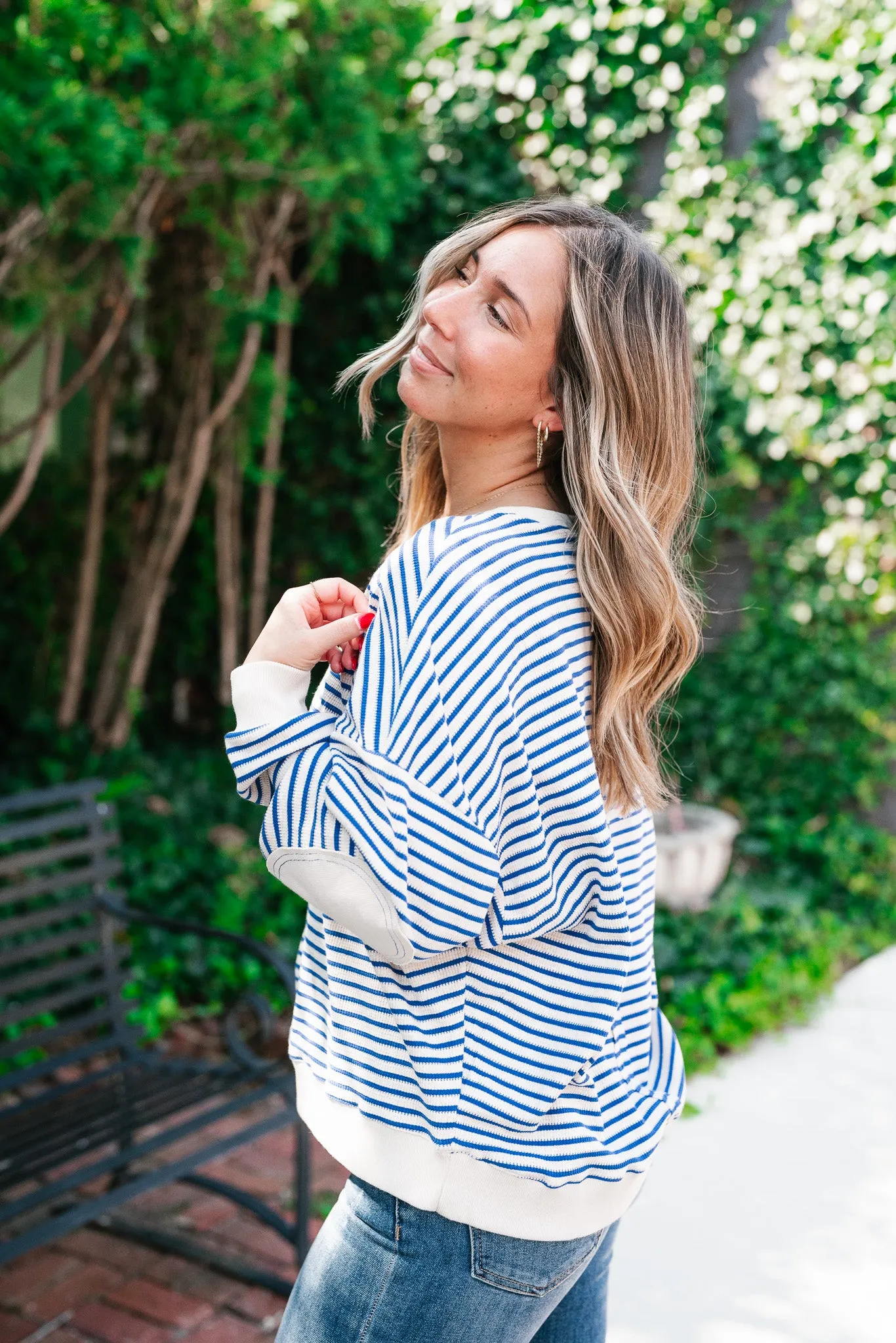 Monday Morning Waffle Knit Striped Long Sleeve Top - Royal Blue