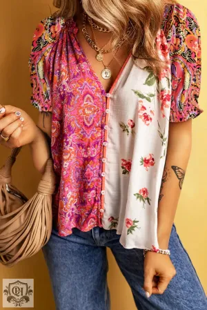 Multicolour Boho Floral Patchwork Buttoned Short Sleeve Blouse
