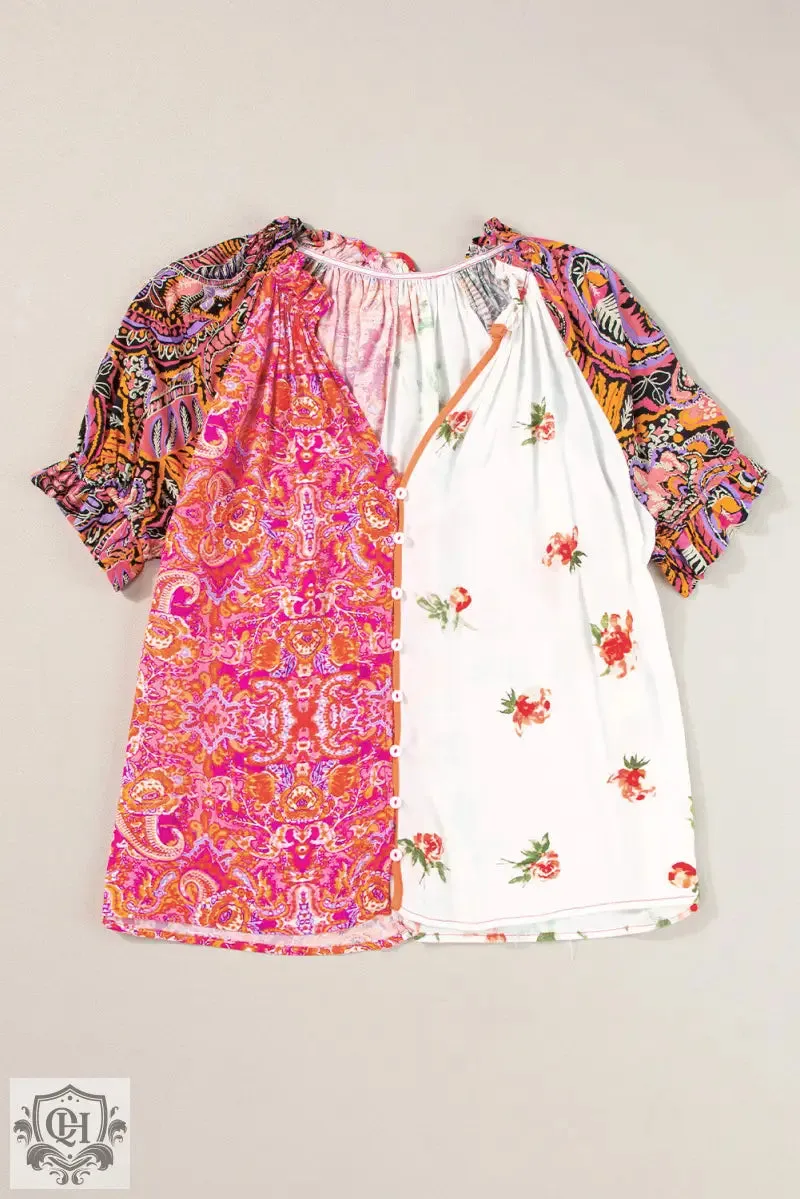 Multicolour Boho Floral Patchwork Buttoned Short Sleeve Blouse