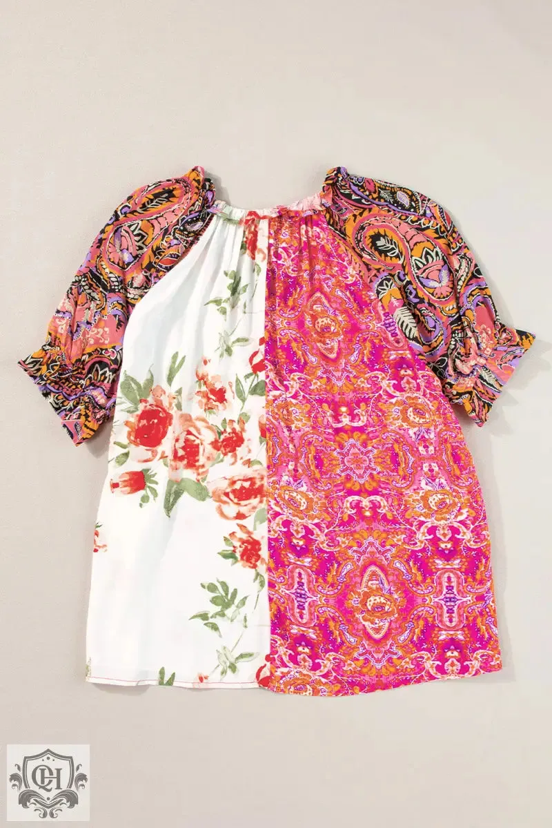 Multicolour Boho Floral Patchwork Buttoned Short Sleeve Blouse