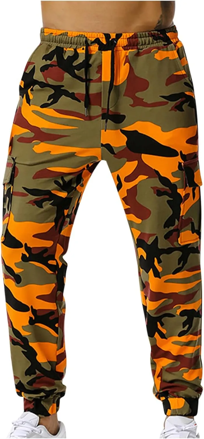 Muscularfit Athletic Pants for Men 2024 Trendy Stretch Waist Camo Pant Causal Drawstring Multi Pockets Camouflage Sweatpants