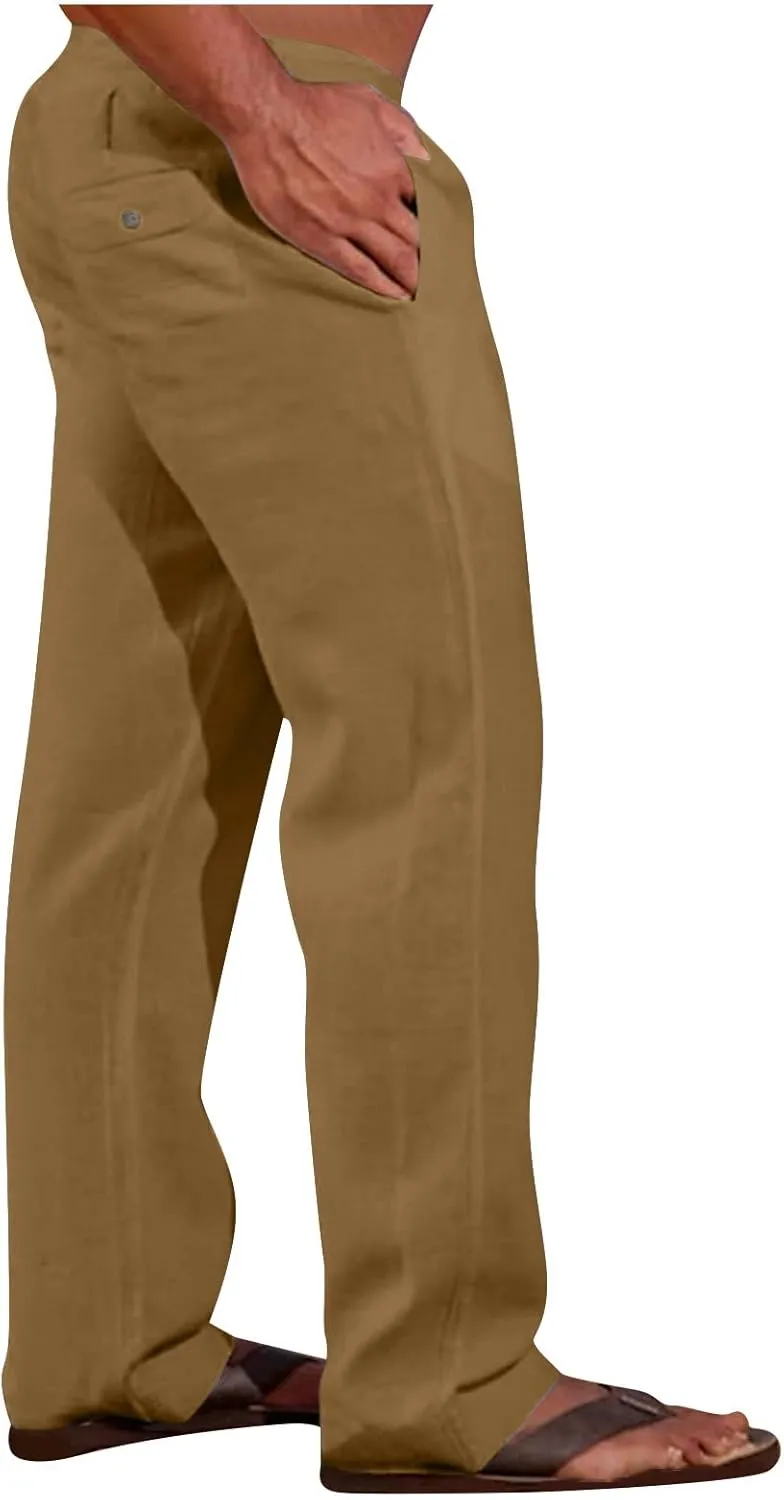 Muscularfit Mens Linen Pants Casual Elastic Waist Solid Straight Legs Big and Tall Drawstring Trousers Loose Fit Work Pant