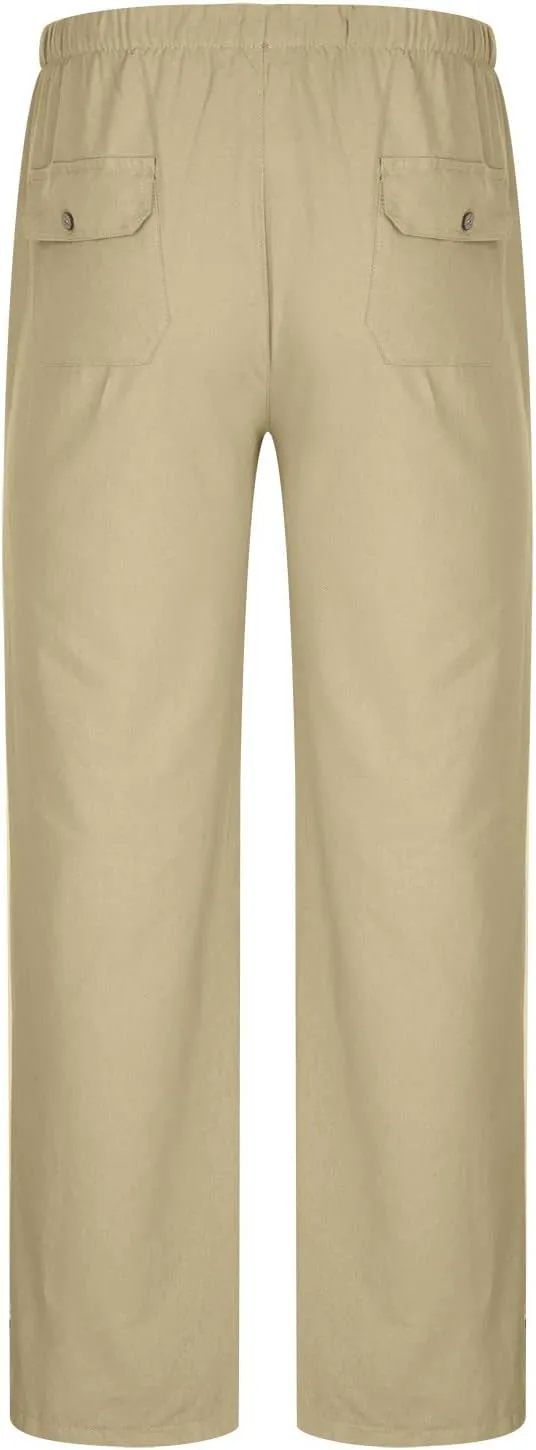 Muscularfit Mens Linen Pants Casual Elastic Waist Solid Straight Legs Big and Tall Drawstring Trousers Loose Fit Work Pant