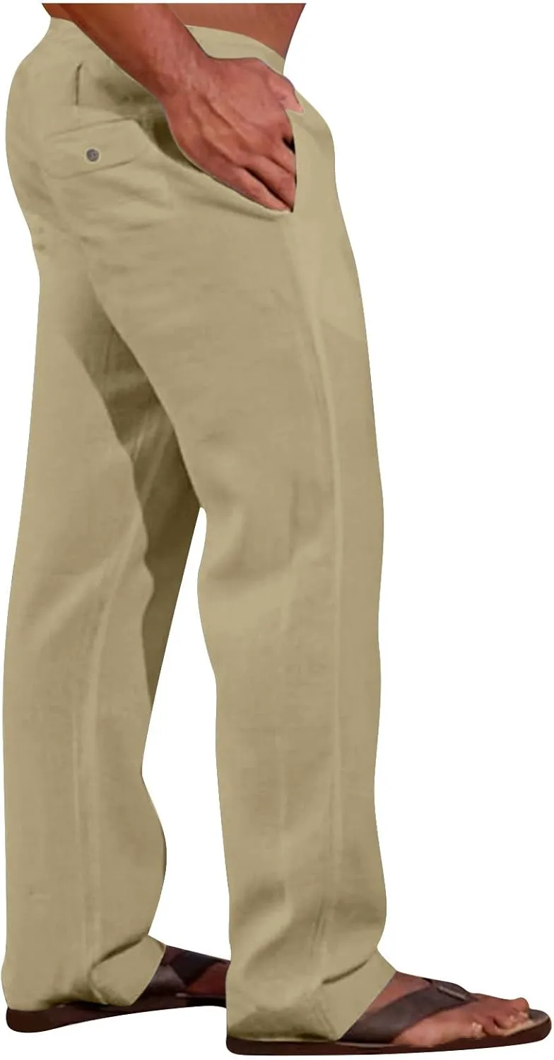 Muscularfit Mens Linen Pants Casual Elastic Waist Solid Straight Legs Big and Tall Drawstring Trousers Loose Fit Work Pant