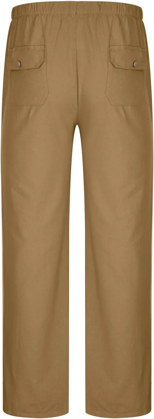 Muscularfit Mens Linen Pants Casual Elastic Waist Solid Straight Legs Big and Tall Drawstring Trousers Loose Fit Work Pant