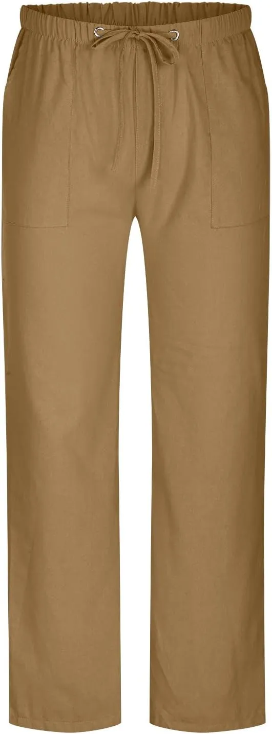 Muscularfit Mens Linen Pants Casual Elastic Waist Solid Straight Legs Big and Tall Drawstring Trousers Loose Fit Work Pant