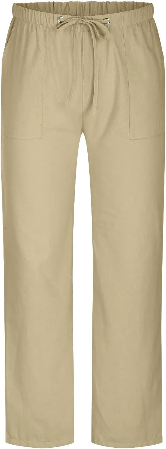 Muscularfit Mens Linen Pants Casual Elastic Waist Solid Straight Legs Big and Tall Drawstring Trousers Loose Fit Work Pant