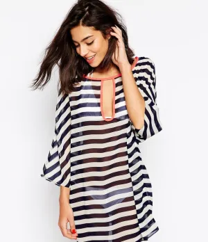 Navy Blue Striped Chiffon Beach Bikini Swimwear