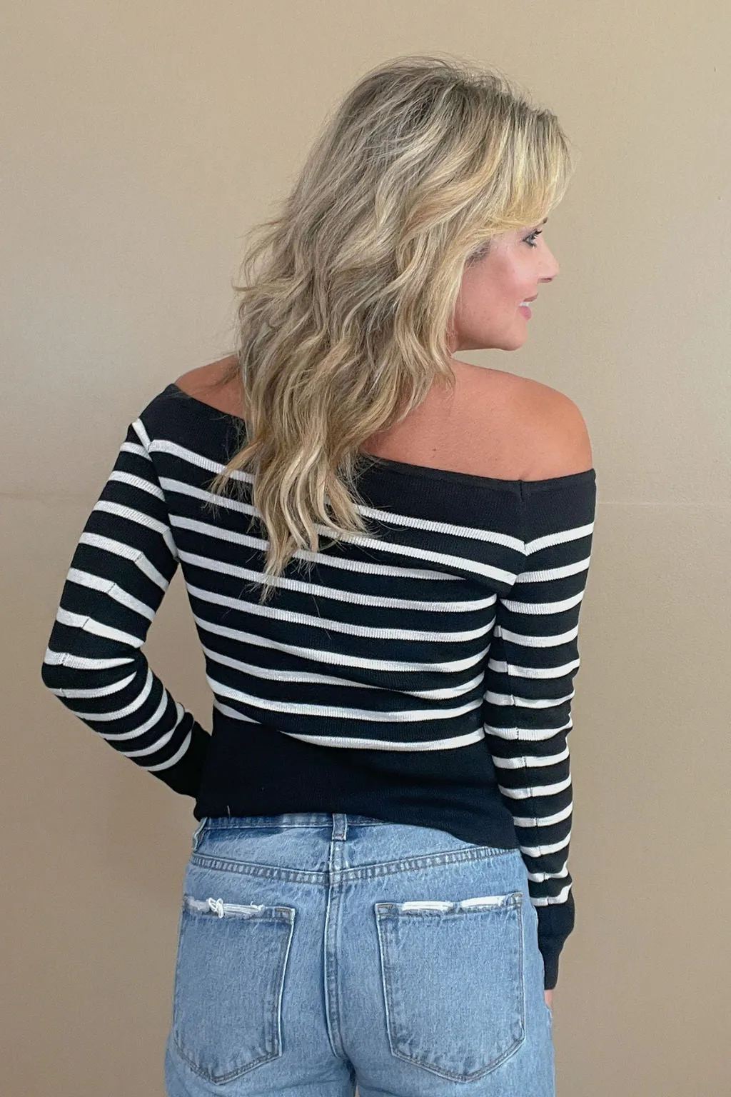 Never Too Late Black Striped Off The Shoulder Top