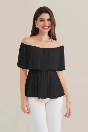Off Shoulder Elastic Waist Pullover Tops - Black