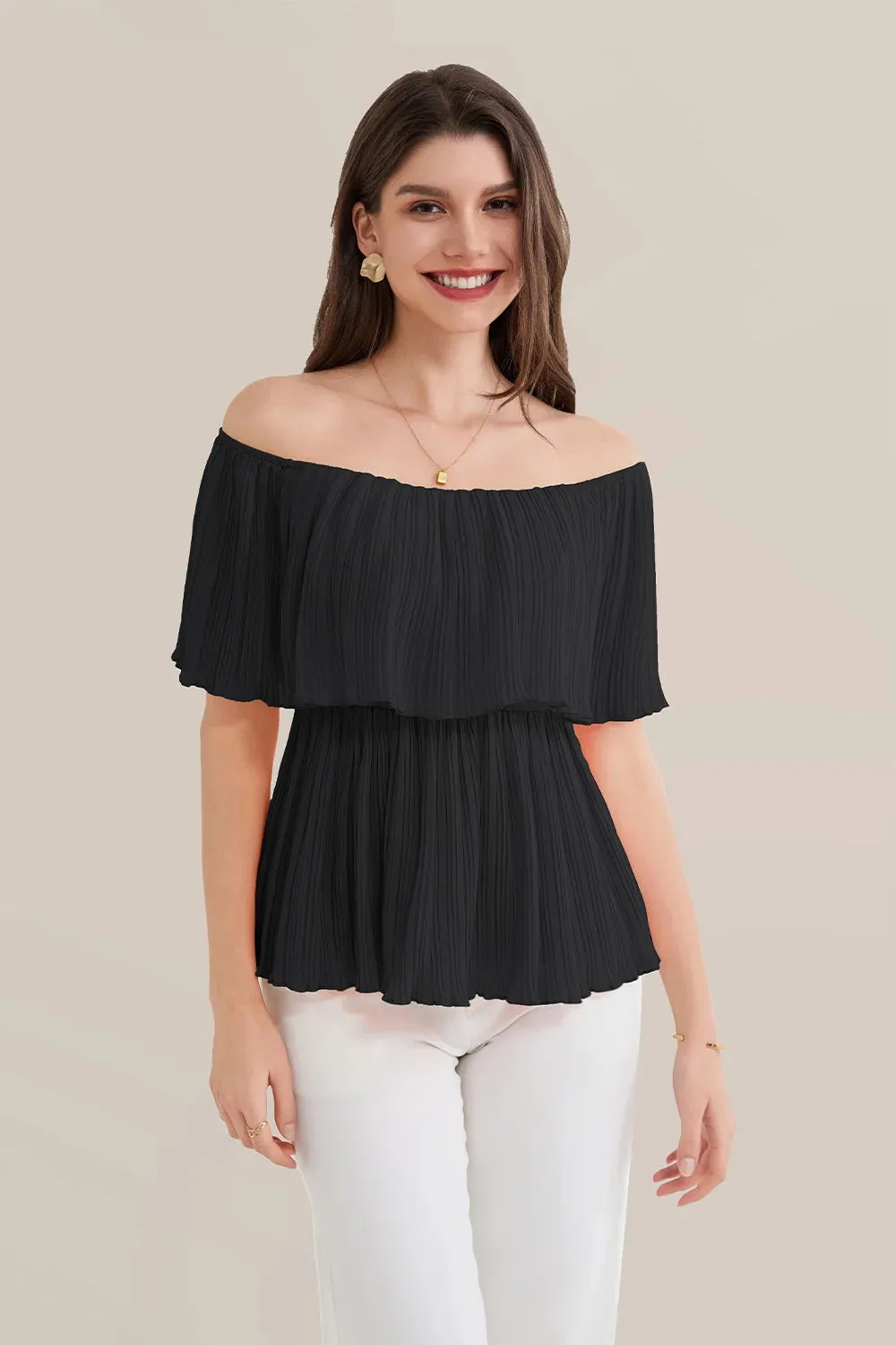 Off Shoulder Elastic Waist Pullover Tops - Black