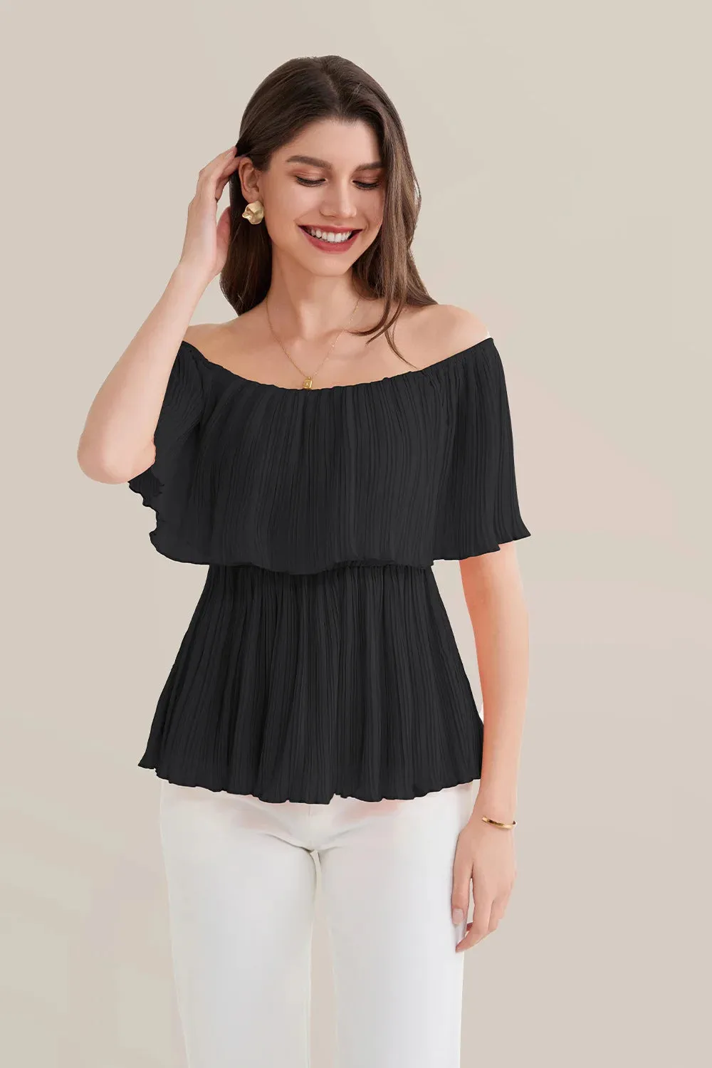 Off Shoulder Elastic Waist Pullover Tops - Black
