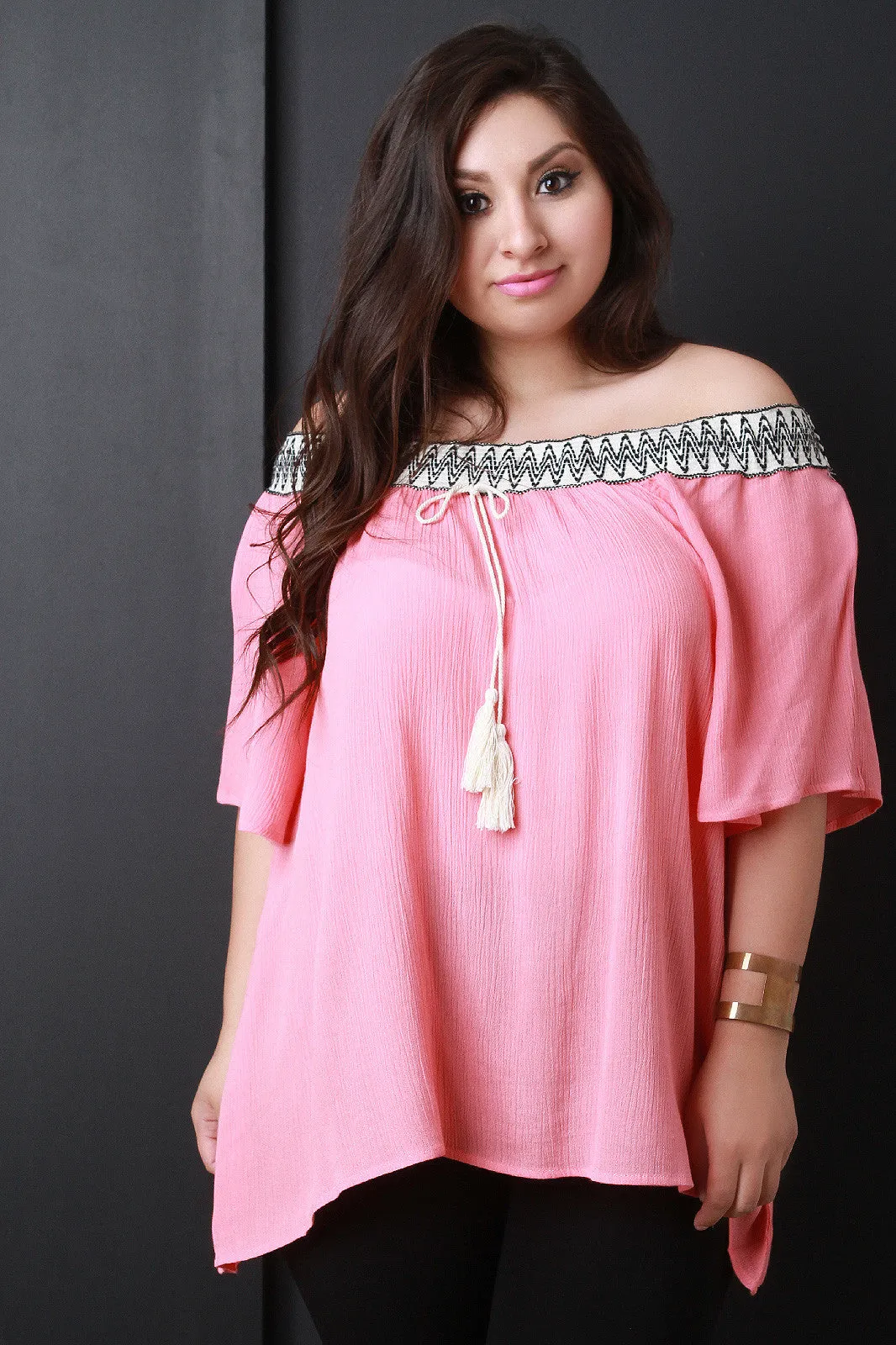 Off Shoulder Elasticized Tribal Tassel Peasant Top