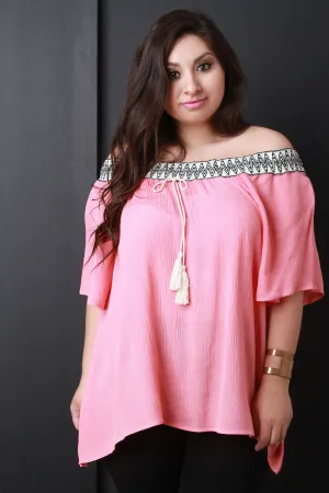 Off Shoulder Elasticized Tribal Tassel Peasant Top