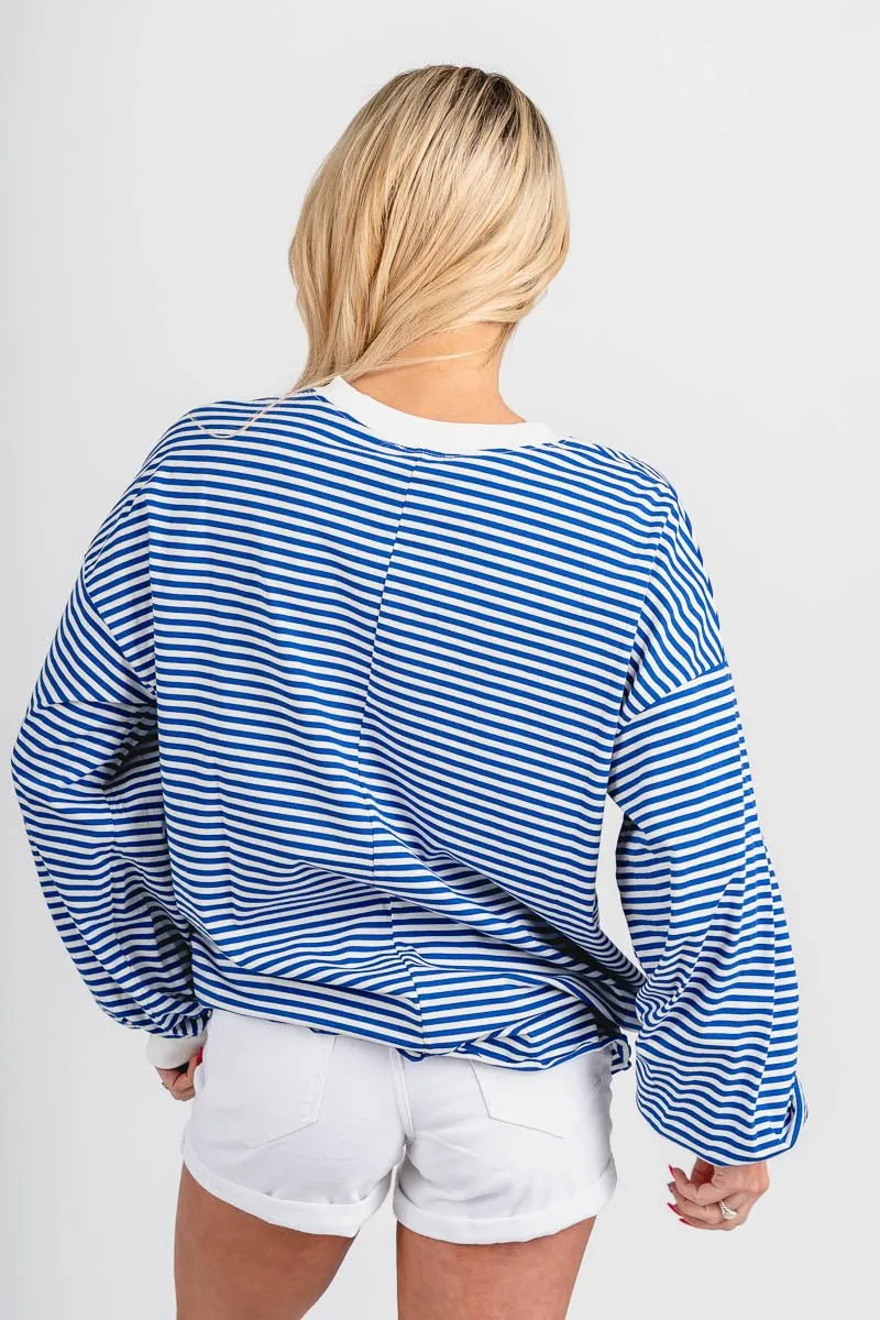 Oversized striped long sleeve top blue
