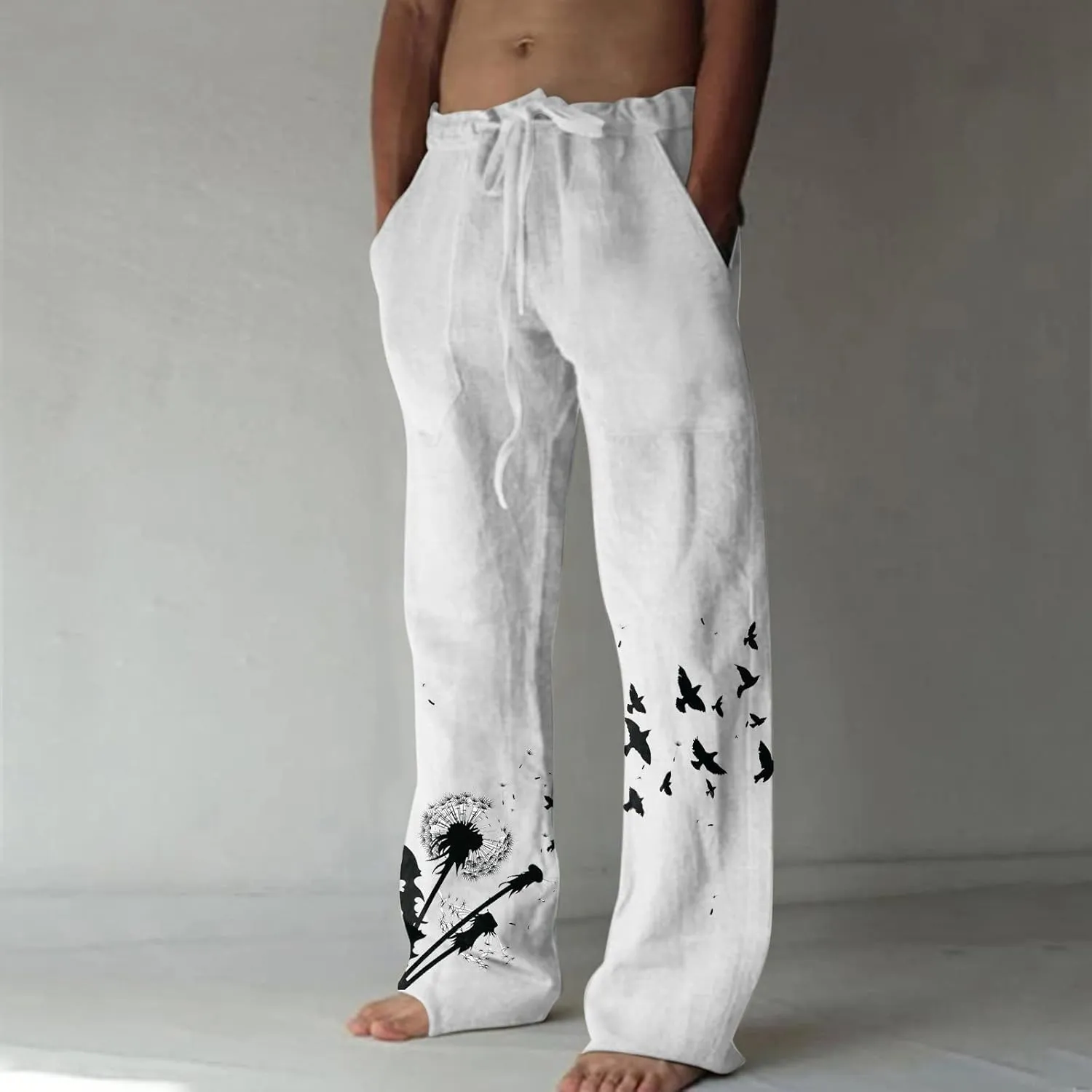 Plus Size Linen Pants Casual Stylish Cotton Linen Trousers Loose Drawstring Elastic Waist Print Solid Sweatpants