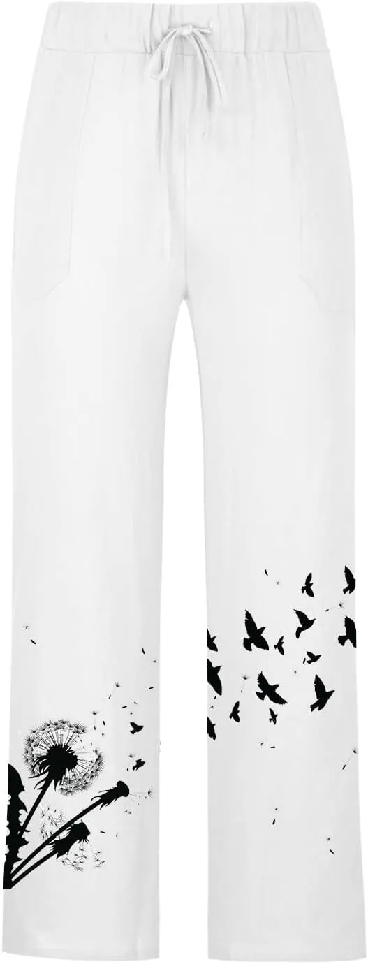 Plus Size Linen Pants Casual Stylish Cotton Linen Trousers Loose Drawstring Elastic Waist Print Solid Sweatpants