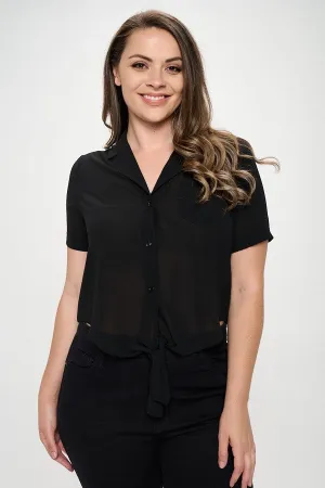 Plus Solid Chiffon Button Down Tie Front Short Sleeve Top Plus Solid Chiffon Button Down Tie Front Short Sleeve Top