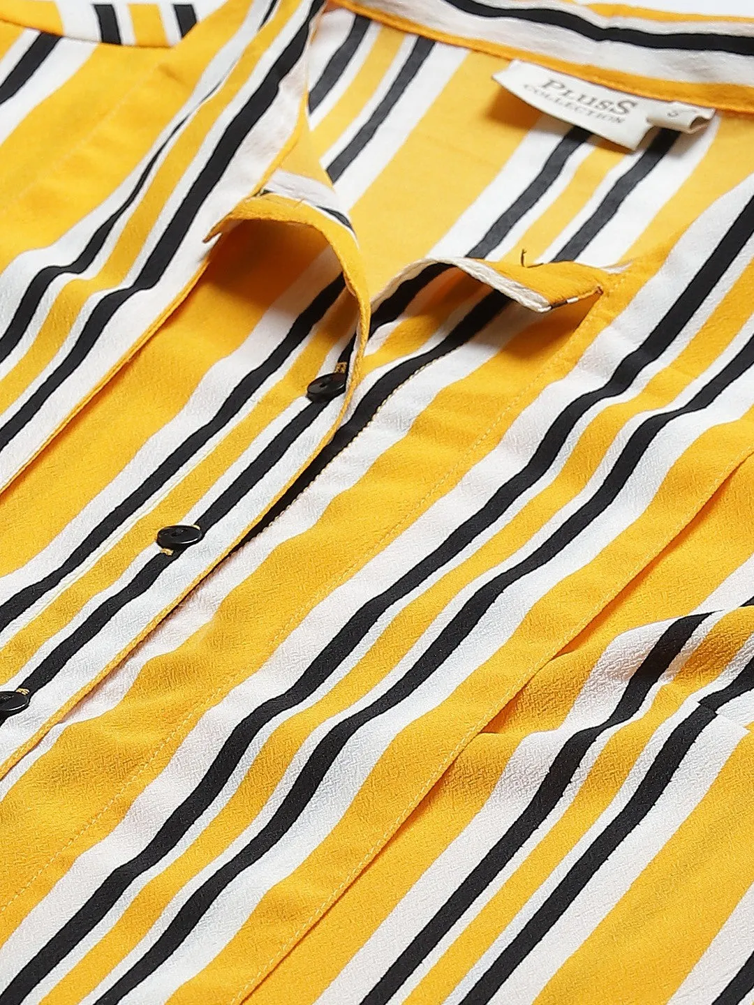 plusS Catchy Yellow  Black Striped Tie-up Neck Top