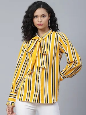 plusS Catchy Yellow  Black Striped Tie-up Neck Top
