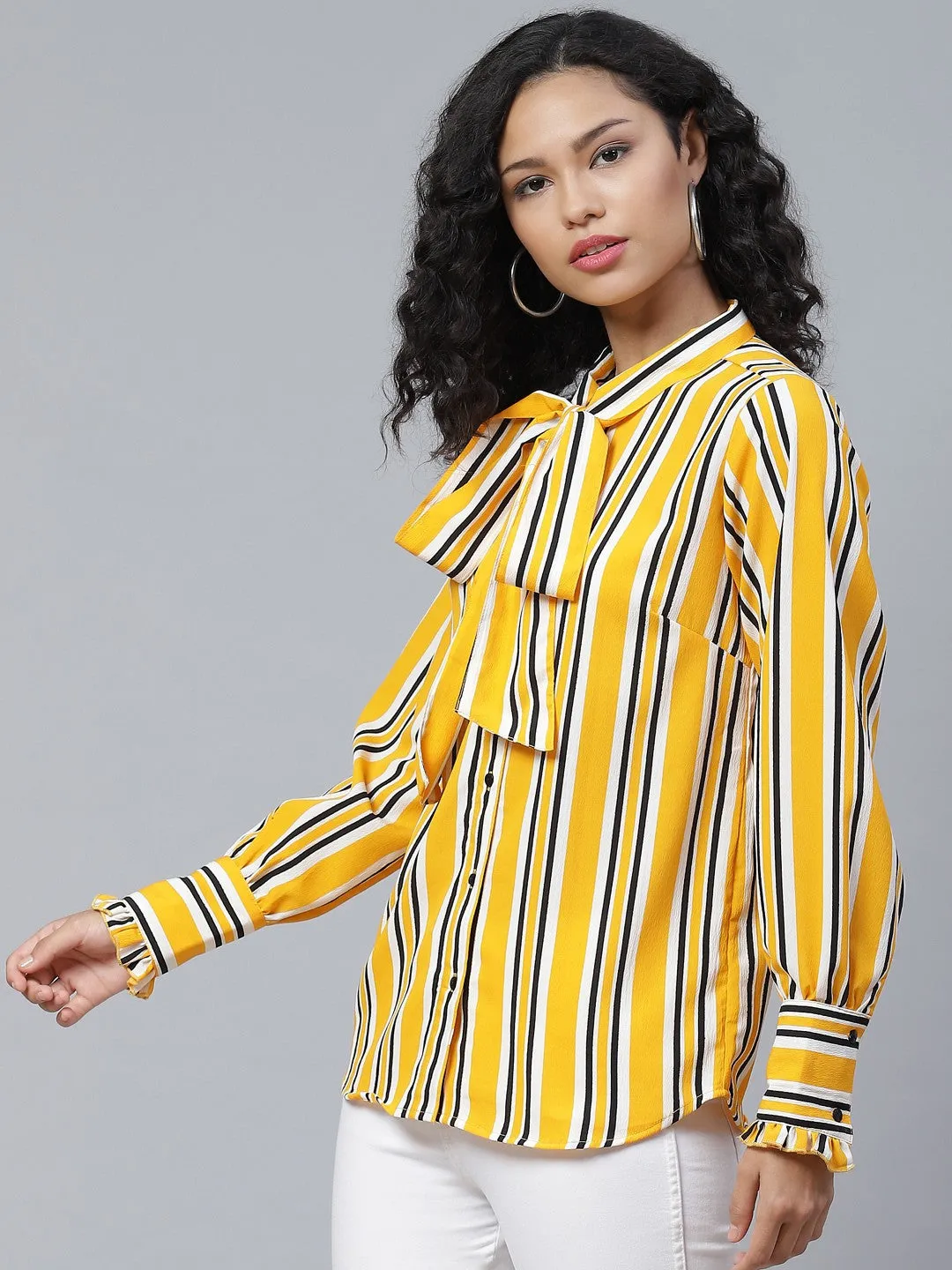 plusS Catchy Yellow  Black Striped Tie-up Neck Top