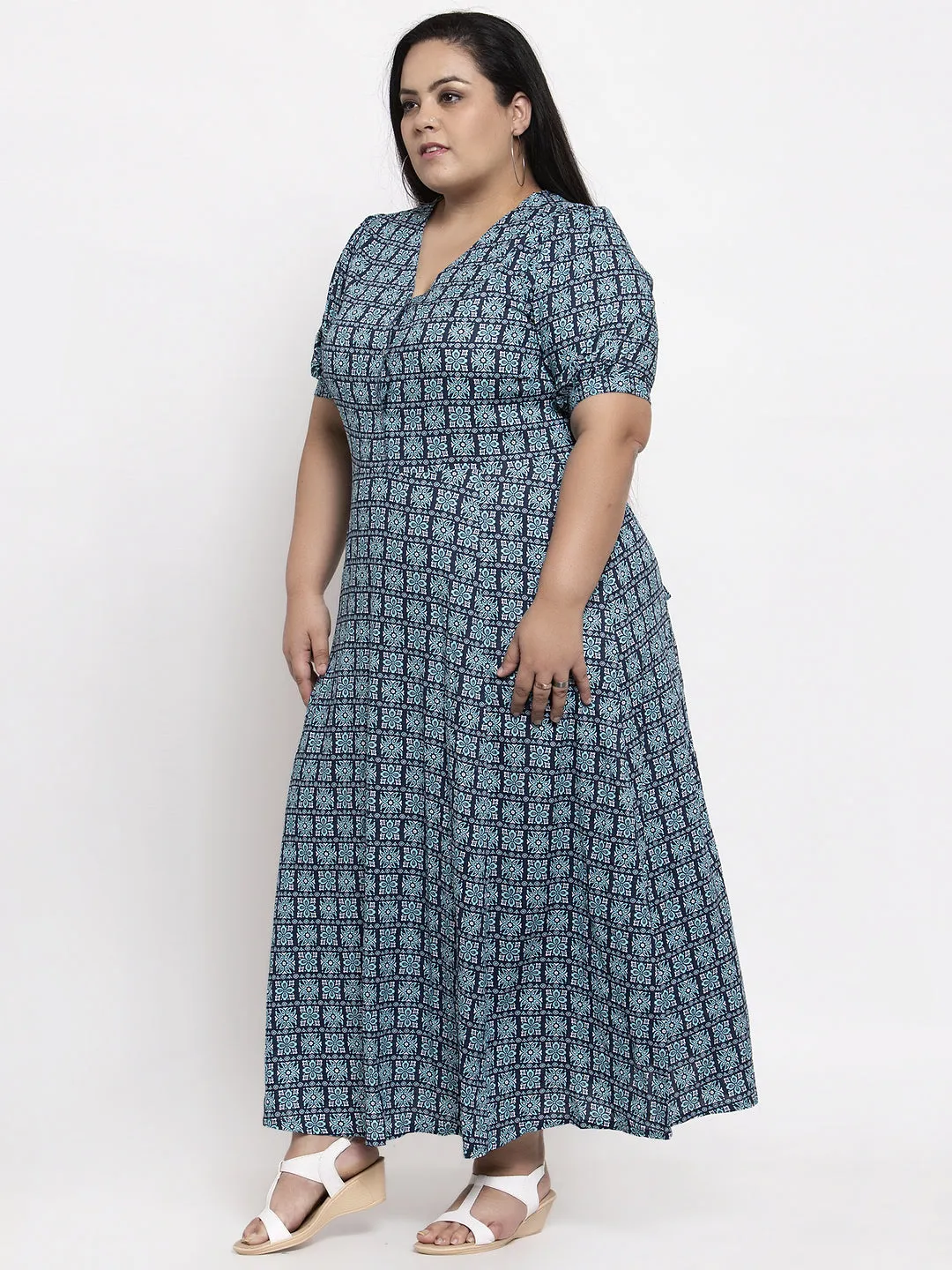 plusS Women Blue  Off-White Printed Maxi Dress
