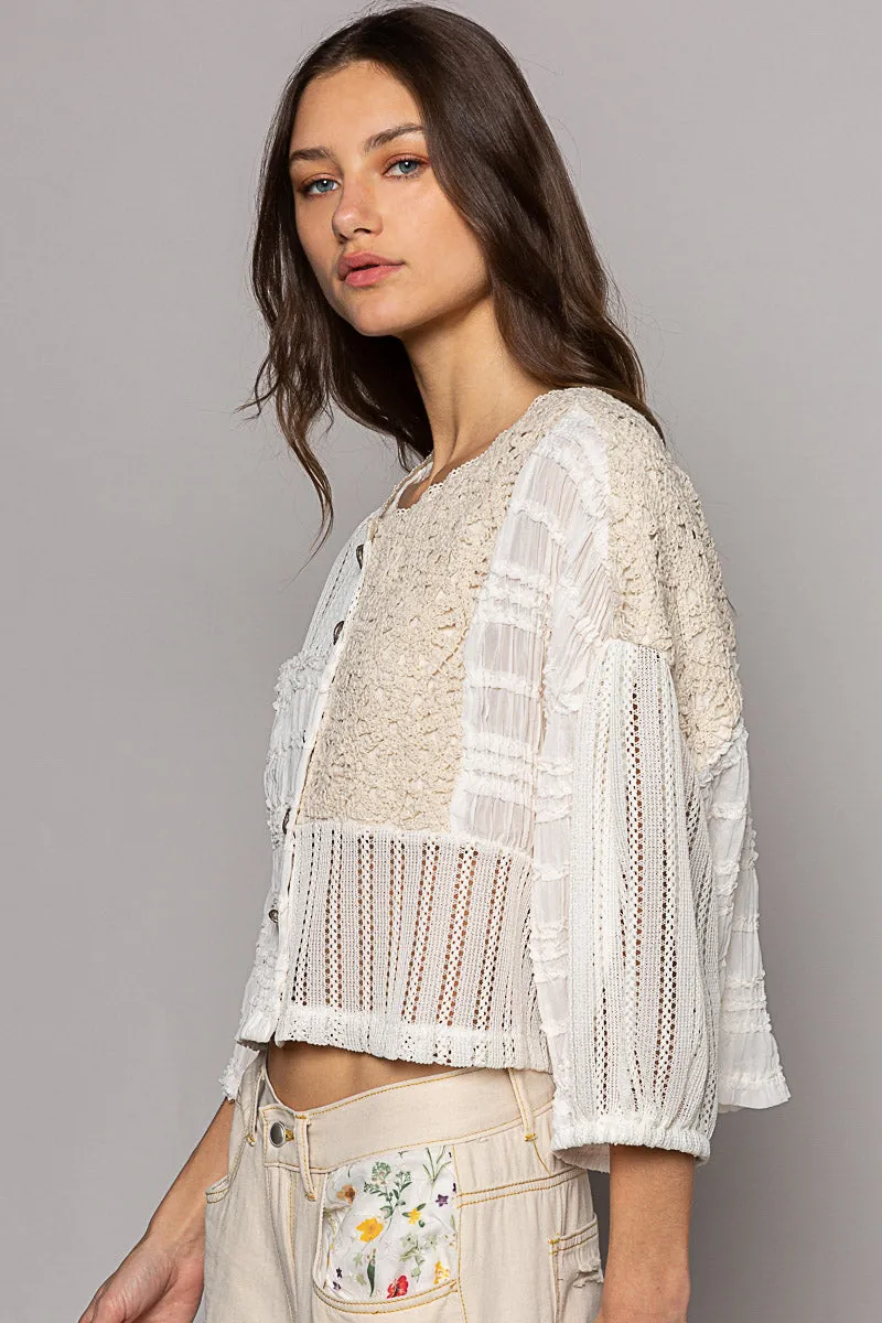 POL Women's Cream Chiffon and Crochet Jacket Top