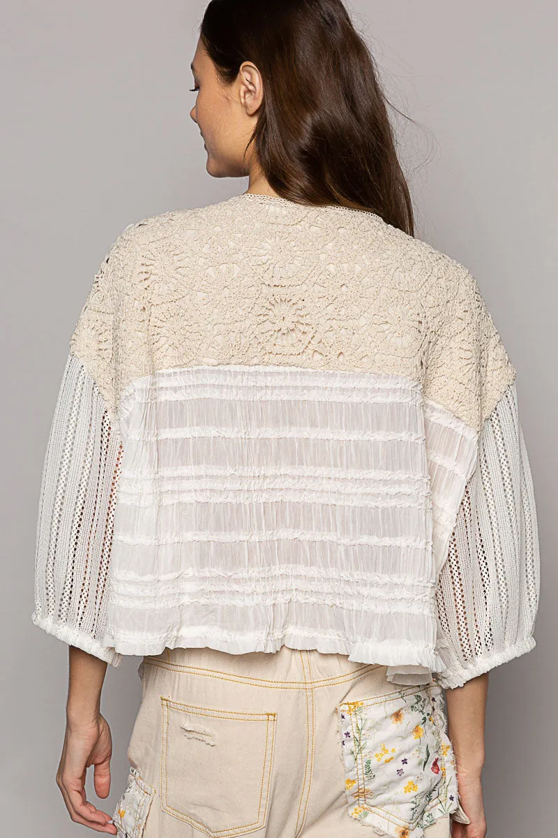 POL Women's Cream Chiffon and Crochet Jacket Top