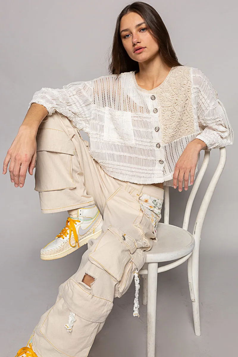 POL Women's Cream Chiffon and Crochet Jacket Top